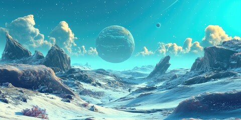 Poster - Beautiful view from an exoplanet featuring a 3D cartoon rendering of a computer generated surface showcasing a fantastic perspective of an alien planet in a fantasy world
