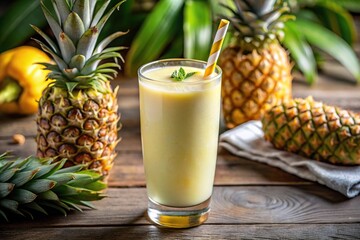 Wall Mural - Closeup of a refreshing pineapple milkshake smoothie with fresh pineapples