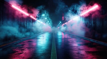 Poster - Empty scene with dark street reflections on wet asphalt Neon light rays illuminate the darkness surrounded by abstract shapes and smoke creating a captivating atmosphere