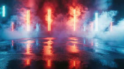 Empty backdrop scene featuring reflections on wet asphalt illuminated by neon light rays with abstract shapes and smoke creating a dramatic atmosphere