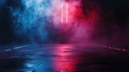 Poster - Empty scene with dark street reflections on wet asphalt Neon light rays illuminate the darkness surrounded by abstract shapes and smoke creating a captivating atmosphere