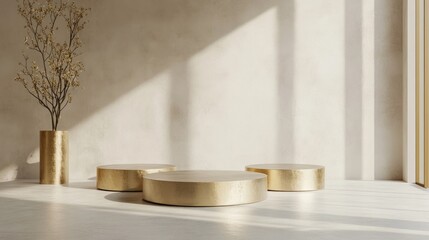 Poster - minimalist contemporary setting featuring golden pedestals 3d rendering