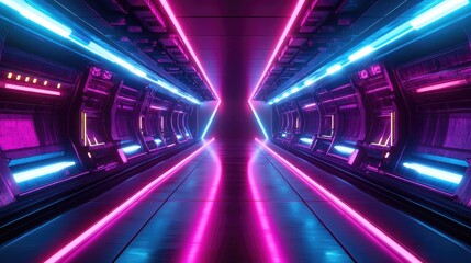 Poster - Neon glowing lines create a sci fi atmosphere in a dark tunnel with reflections on the floor and ceiling and an empty central space Futuristic 3D rendering with abstract lighting effects