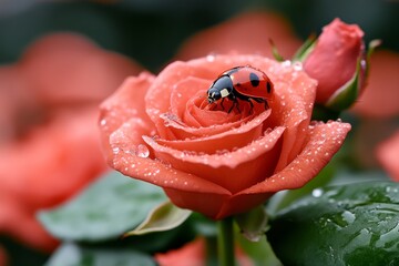 Ladybugs, resting on roses, adding charm highlight the delicate beauty of floral blooms