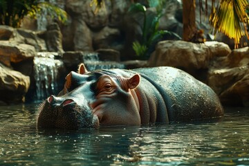 A Hippopotamus Relaxing in a Water Feature