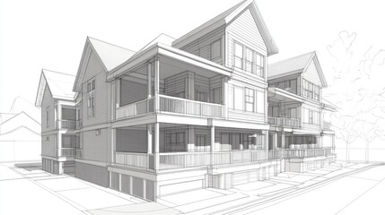 Poster - Three dimensional illustration of a townhouse design featuring a detailed sketch representation