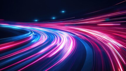 Poster - Neon glowing lines create a dynamic background with high speed light trails An abstract representation of light motion effects against a dark setting showcasing slow shutter traffic