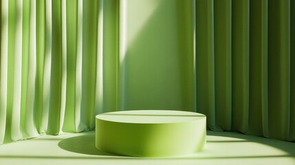 Poster - Minimalist 3D green cylinder podium with a bright studio backdrop An abstract geometric shape rendering designed for showcasing natural food products