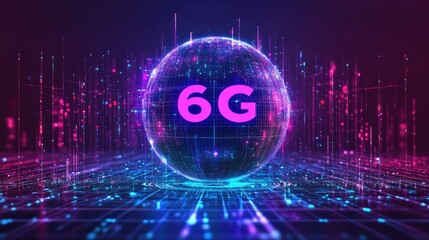 Poster - Neon graphic of 6G telecommunication technology with a dotted globe and futuristic elements