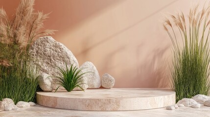 Aufkleber - Product display podium featuring an abstract backdrop with stones and grass elements 3D rendering
