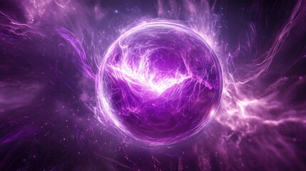 Poster - vibrant abstract background in purple featuring a central glowing sphere resembling an energetic bal