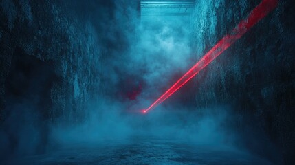 Poster - Dimly lit corridor with beams of light and a red laser surrounded by smoke and dust Abstract dark blue backdrop with luminous effects created in 3D