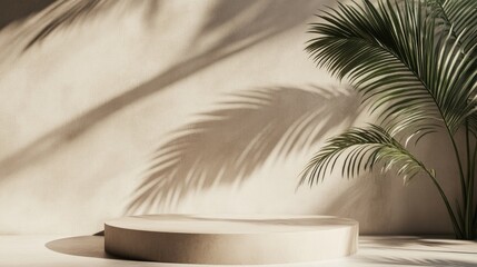 Poster - Tropical palm tree shadow cast on a wall and shelf ideal for showcasing products Shadow of a palm tree on a neutral backdrop and display podium for presenting items Mockup for a display platform in