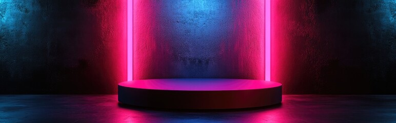 Poster - Metallic dark podium with a neon red and pink light backdrop against a black themed metal wall 3D rendered illustration