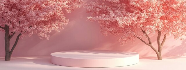 Poster - Minimalist 3D podium set against a pink tree backdrop ideal for product showcasing Nature inspired environment featuring soft pastel hues and an unoccupied podium 3D rendering