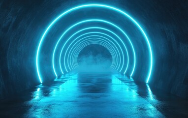 Poster - Smoke and Neon Lights in a Glowing Blue Futuristic Tunnel with a Sci Fi Aesthetic Featuring a Virtual Stage Set in a Dark Concrete Environment 3D Rendered Illustration
