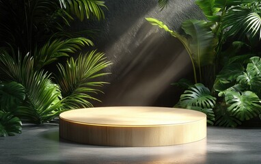 Aufkleber - realistic 3d rendered background for product display close up of a round empty oak table illuminated