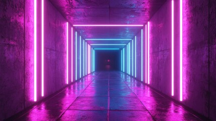 Aufkleber - Neon Glowing Retro Modern Synthwave Tunnel with Purple and Blue Vibrant Lights Featuring Grunge Concrete Background in a 3D Rendered Illustration