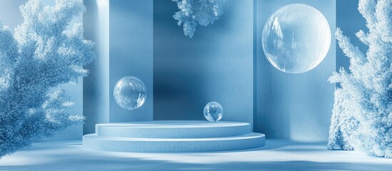 Poster - Minimalist scene featuring a podium and an abstract backdrop Geometric shapes in a blue winter color palette 3D rendering with geometric forms and a textured background