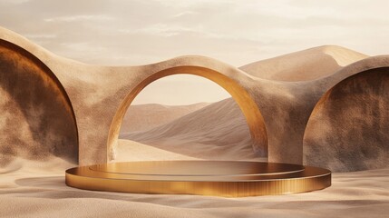 Poster - Abstract sandy dune cliffs featuring a metallic podium stand Surreal desert landscape backdrop showcasing glossy metallic arches in a geometric design 3D render