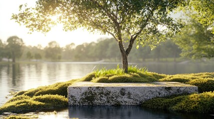 Poster - Natural Display Podium by the Water Featuring a Tree and Moss 3D Render 3D Illustration