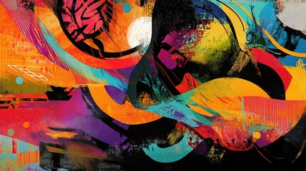 Poster - Vibrant abstract image featuring colorful graphics and tapestry elements