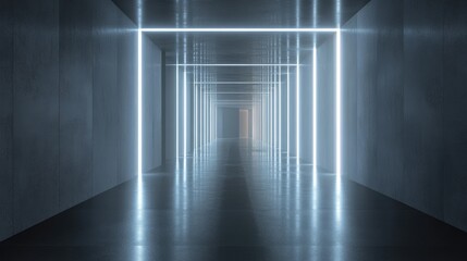 Poster - Illuminated corridor interior design featuring an empty room backdrop presented through a 3D render
