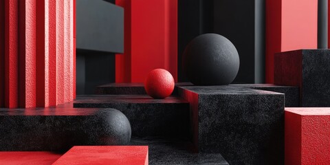 Poster - Minimalist 3D render of black and red geometric shapes