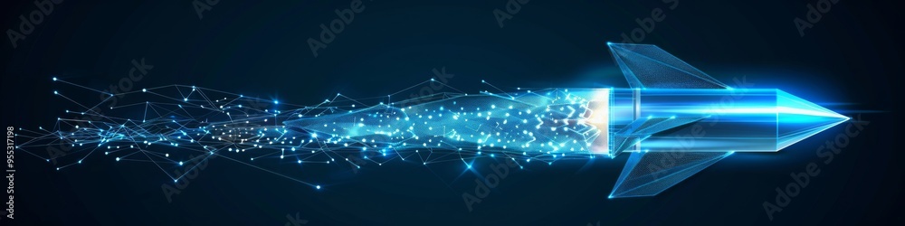 a blue digital rocket in low poly wireframe, space exploration and ...