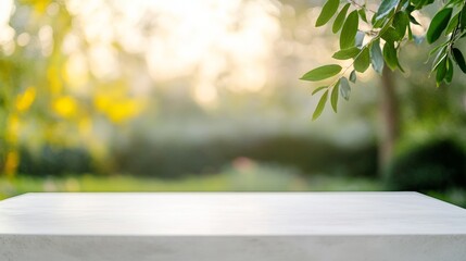 Poster - Serene Outdoor Garden Scene Minimalist White Concrete Table for Product Display with Soft Ambient Sunlight and Blurred Nature Background
