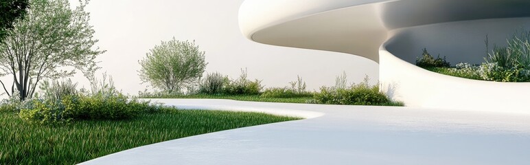 Poster - Abstract architectural background featuring a white curved structure alongside grassy landscaping rendered in 3D