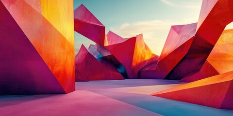 Poster - Empty terrain featuring a creative geometric structure background rendered in 3D Digital artwork