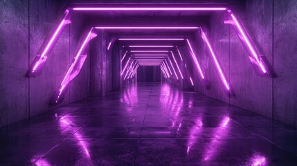 Poster - Futuristic corridor featuring arrow shaped neon lights in vibrant purple set against a dark grunge concrete backdrop creating a reflective virtual stage for a sci fi scene 3D rendering illustratio