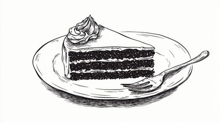 Hand drawn black and white cartoon illustration of a cake accompanied by a fork