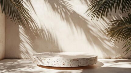 Leinwandbilder - Terrazzo podium featuring shadows of tropical palm leaves ideal for cosmetic product display 3D rendering illustration