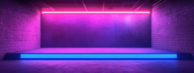 Aufkleber - Neon Retro Grunge Purple and Blue Sign in an Empty Dark Basement with a Rough Cement Floor Ideal for a Fashion Stage Podium Background 3D Rendered Illustration