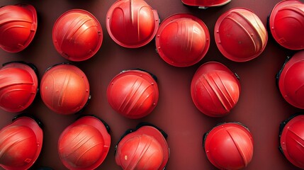 Poster - Aerial View of Red Fireman Helmets Creating a Geometric Pattern with Vibrant Textured Background, Captured in Bright Diffused Light