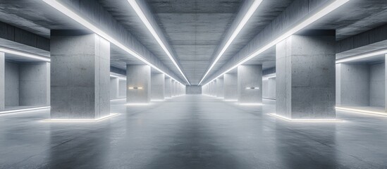 Poster - Concrete Grunge Expansive Hallway Alien Corridor Vacant Futuristic Modern White Illuminated Windows Stage Podium Industrial Garage Underground 3D Rendered Illustration