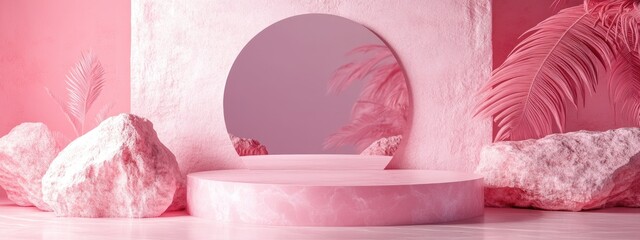 Aufkleber - Minimalistic pink rock podium and stage for product or cosmetics promotion with a backdrop Abstract concept in 3D illustration rendering