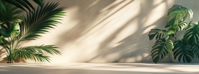 Poster - Abstract backdrop for product showcase featuring sunlight and shadows cast by tropical foliage on a beige concrete surface 3D rendering