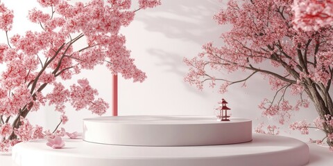 Poster - Japanese style architecture with a cherry blossom tree and a podium against a white background for product presentation 3D rendering illustration