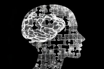 Canvas Print - Neuropsychological testing Neuroimaging Silhouette of a head composed of puzzle pieces and circuitry representing the intersection of human thought and digital technology