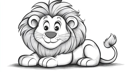 Wall Mural - Cute black and white cartoon illustration of a hand drawn lion