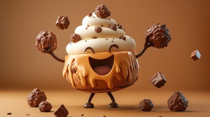 Wall Mural - Cartoon Illustration of a Humorous Cake Character Featuring Chocolate Nuggets