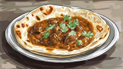 Flatbread served with lamb curry sauce a beloved breakfast choice Food illustration culinary cartoon