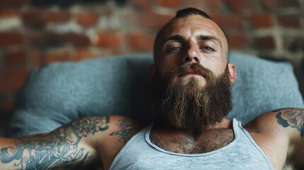 A bearded man with tattoos stretches on a couch against a brick wall, displaying a composed and introspective demeanor in a relaxed urban setting.