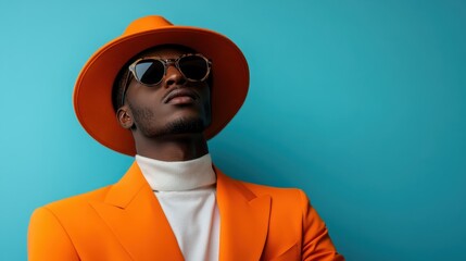 A modern gentleman poses stylishly in a striking orange suit and hat against a vivid blue background, highlighting a strong sense of fashion and dynamic presence.