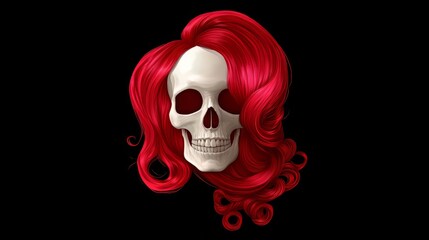 Red skull with white hair in profile, displaying a sinister grin against a black background. Artistic and surreal photography emphasizing dramatic contrasts and eerie visual appeal. Generative AI