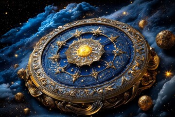 Wall Mural - Zodiac signs in a celestial mandala, illustrated in a detailed scene where the zodiac signs form a mandala, with each sign radiating energy and light from the center, symbolizing the balance