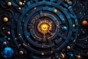Wall Mural - zodiac signs in a cosmic labyrinth, illustrated in a scene where each zodiac sign is part of a labyr